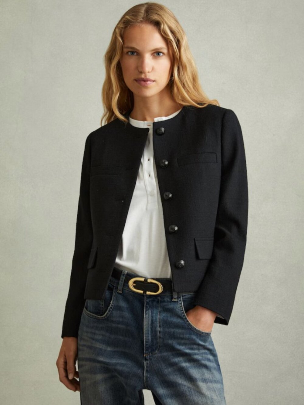 Reiss Nola Cropped Wool Single Breasted Jacket in Black